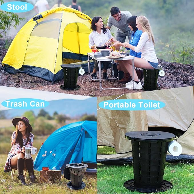 Upgrade Retractable Portable Toilet Folding Camping Toilet with Lights,Foldable Travel Toilet with Carrying Handle, Fixed Latch,Toilet Paper Holder,Adjustable Height Porta Potty for Camping, Hiking