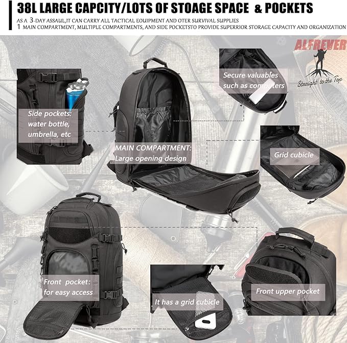 38L Military Tactical Backpack Men Assault Pack Bag|Army Backpacks|Large Camping Hiking Rucksack Daypack for Outdoor