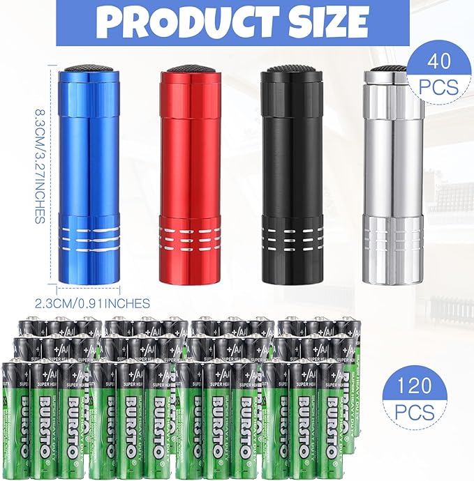 VIHOSE 40 Pcs Small LED Flashlight Bulk for Stocking Stuffers 40 LED Small Flashlights with 120 AAA Batteries Handheld Flashlights for School Night Reading Camping Mini Gifts for Kid Adult,4 Colors