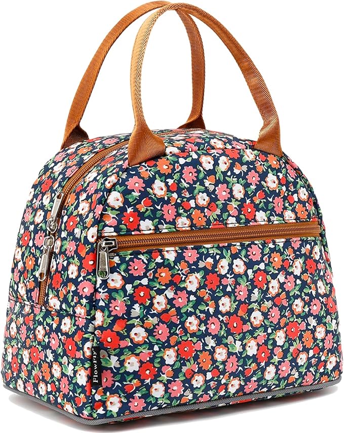 FlowFly Insulated Lunch Bag for Women, Men, and Kids, Large and Reusable, Handle, Freezable Work and School Travel Tote and Meal Prep Organizer, Waterproof Polyester,Floral