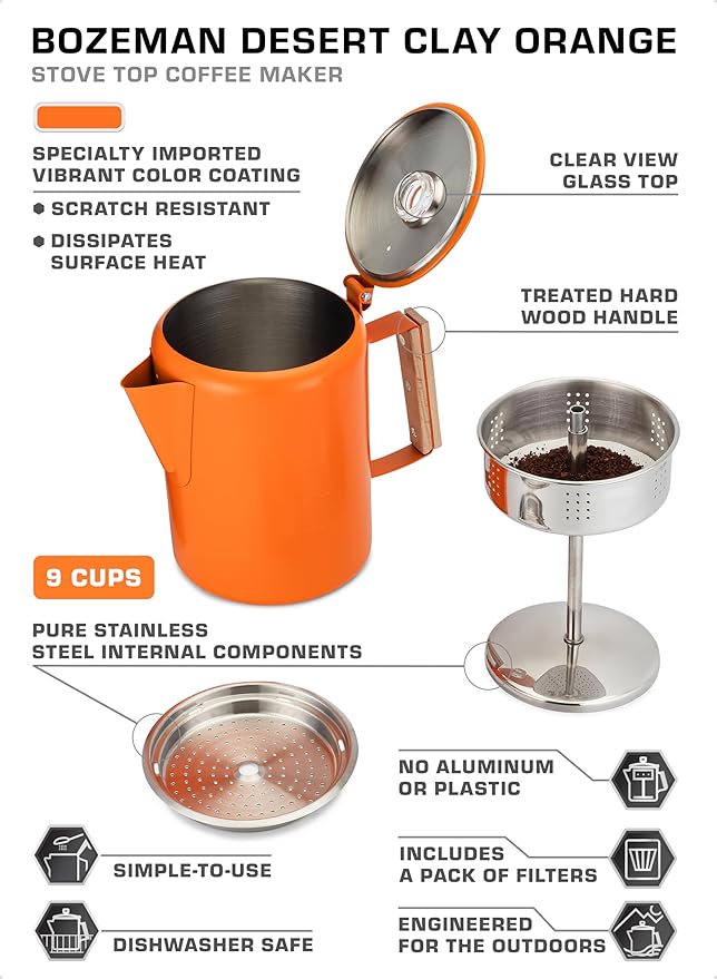 COLETTI Bozeman Camping Coffee Pot — Camping Coffee Makers, Coffee Percolator – America's Sleekest Percolator – NO Aluminum or Plastic (Orange)