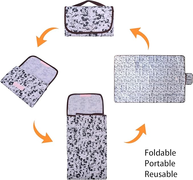 FINEX Mickey Mouse and Minnie Mouse Picnic Blanket Mat for Camping Hiking Outdoor Concert Travel Large Foldable Portable Reusable Black & White