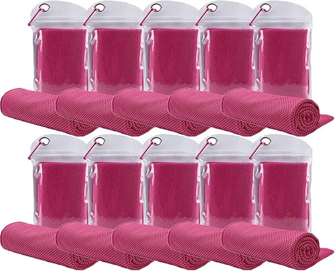 10 Pack Cooling Towels Bulk Microfiber Ice Towel Quick Dry Breathable Chilly Sweat Towel Stay Cool Towel for Neck Face Yoga Gym Workout Running Pilates Beach with Carabin Bag, 40x12'', Rose