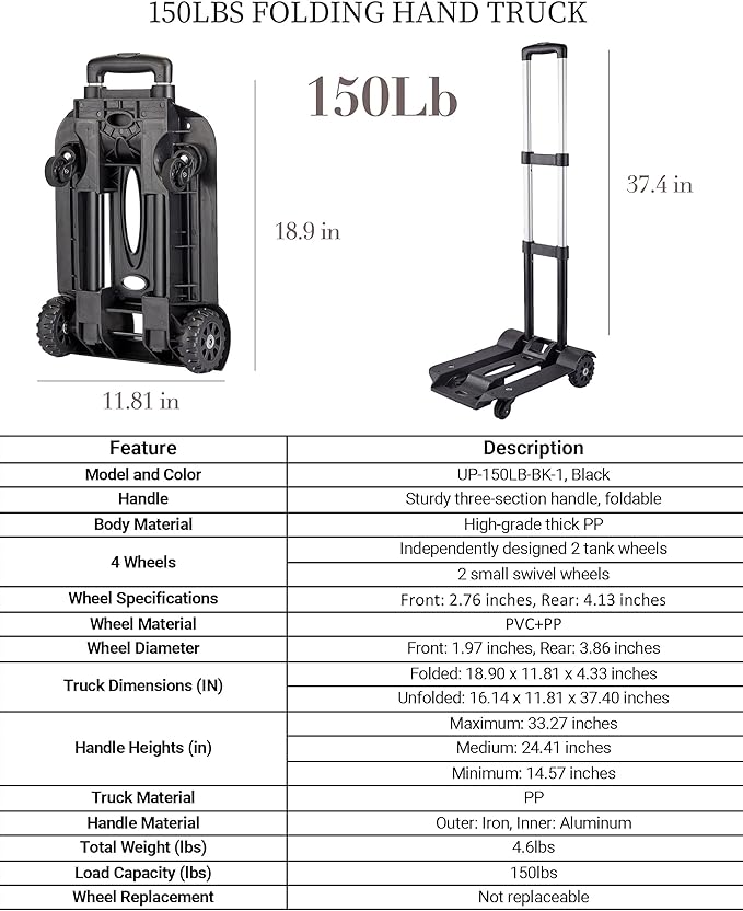 5 Gallon Water Jug and 150 lb Multifunctional Folding Hand Cart,Black Hand Truck,BPA Free Thickened Water Storage, Portable Luggage Cart with 2 Tank Wheels + 2 Swivel Wheels,Essential Camping Hiking