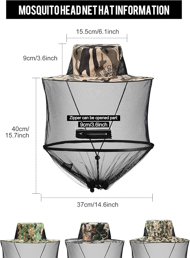 4 Pieces Mosquito Head Mesh Mosquito Cap Net Hat Face Cover with Zipper Foldable Fly Protection Netting Hat for Outdoor Fishing Hiking Gardening