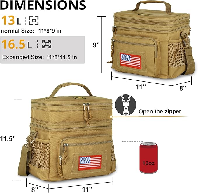 ATRIPACK Lunch Bag for Men, Double Deck Tactical Lunch Box Work with Shoulder Strap MOLLE Webbing Large Lunch Cooler Leakproof Insulated (Brown)