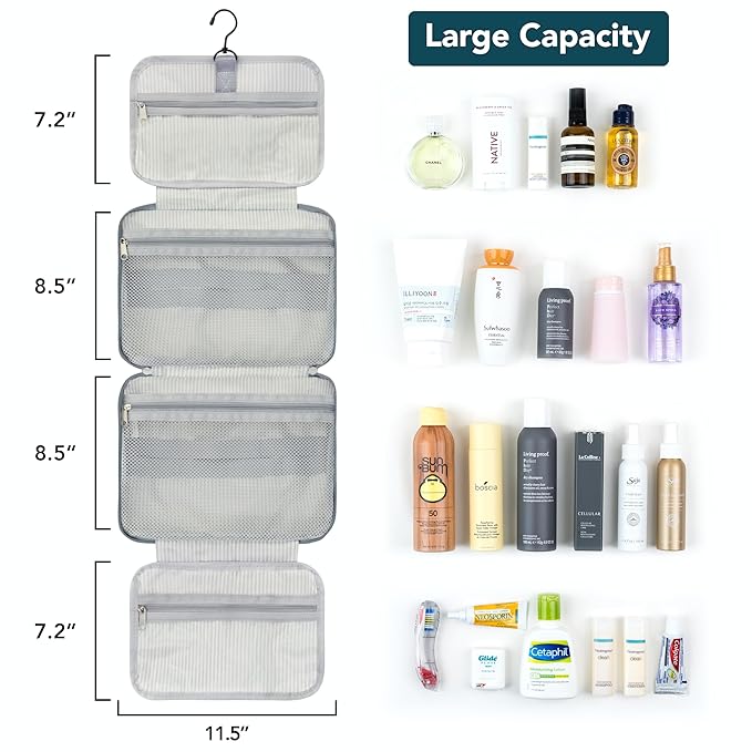 PAVILIA Hanging Toiletry Bag Travel Bag Women Men, Foldable Cosmetic Organizer, Roll up Makeup Bag, Water Resistant Accessories Toiletries, Large Travel Essentials Kit (Heather Grey)