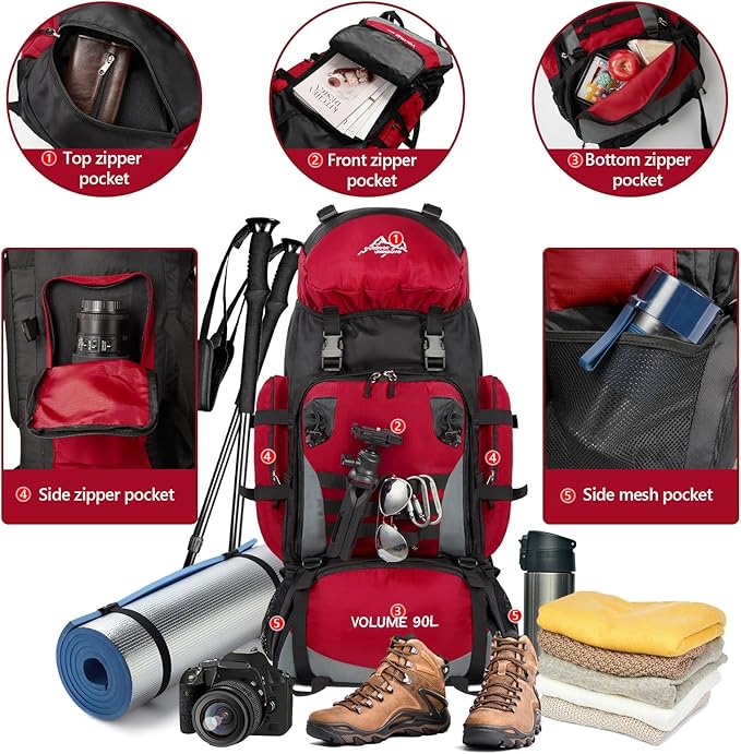 90L Large Camping Hiking Backpack with Rain Cover, Waterproof Molle Rucksack Military Backpack (Red)