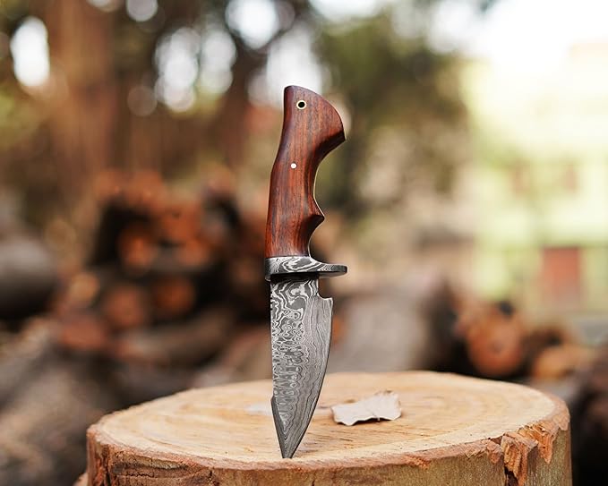 10″ Handmade Damascus Hunting Knife with Leather Sheath - Predator Hunter Damascus Steel Knife Ideal for Skinning, Camping and Outdoor - EDC Fixed Blade Bushcraft Knife Full Tang