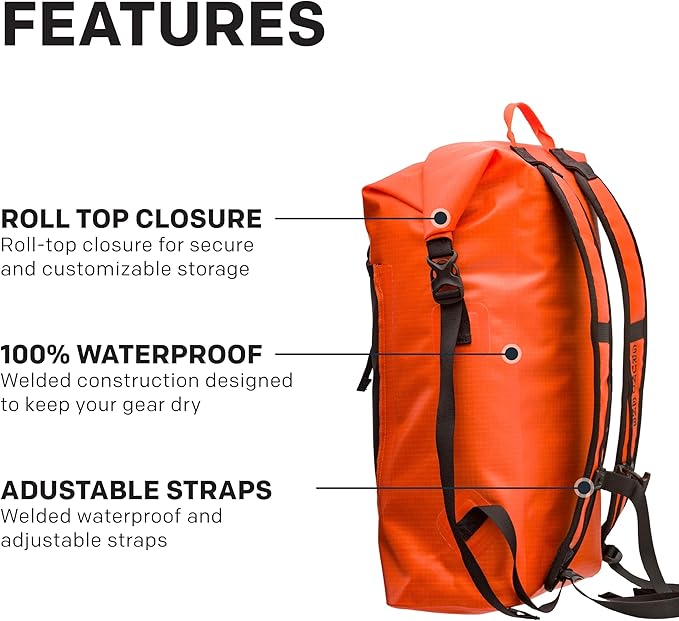 Grundéns Bootlegger Roll Top Backpack | Waterproof, 30L, Red Orange