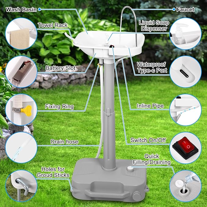 Automatic Portable Sink with Type-c Port, Electric Lightweight Camping Hand Washing Station, Wash Basin with 18L Bottom Water Tank, Soap Dispenser, Towel Holder, for Outdoor, Travel, Boat, Worksite