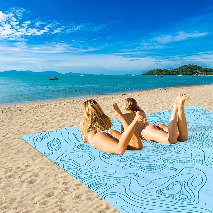 Beach Blanket Waterproof Sandproof, 78”x 86” Large Sand Free Beach Mat with 4 Stakes & Portable Bag, Big Flodable Compact Outdoor Pockets Picnic Blanket