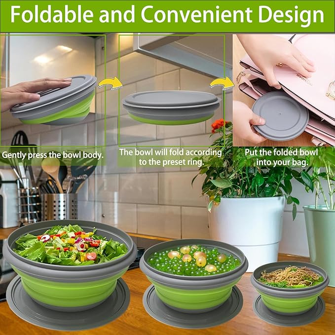 RMAMSCOV Camping Bowl, 3 PCS Food Grade Silicone Collapsible Bowl Lunch Box Salad Bowl with Lid, Expandable Food Storage Containers Set with Free folding tableware and storage bag (Green-600ml)