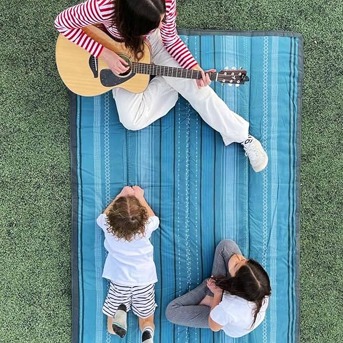 Little Unicorn Outdoor Family Picnic & Beach Blanket, Water-Resistant, Compact Fold, Large Size, 5 x 7 feet, (Shoreline Stripe)