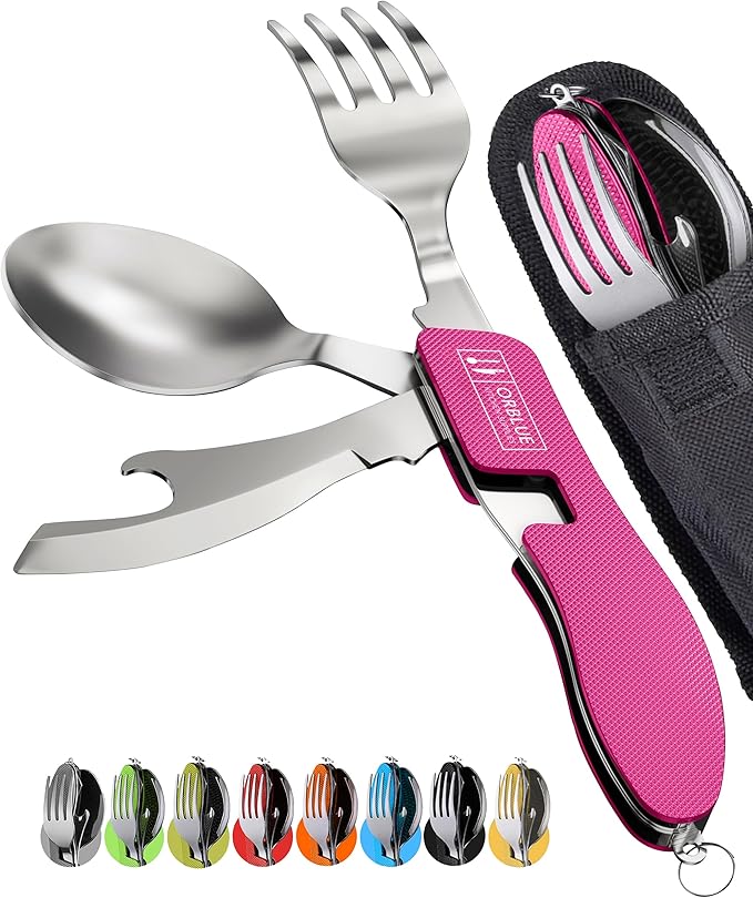 Orblue 4-in-1 Camping Utensils, 2-Pack, Portable Stainless Steel Spoon, Fork, Knife & Bottle Opener Combo Set - Travel, Backpacking Cutlery Multitool, Hot Pink