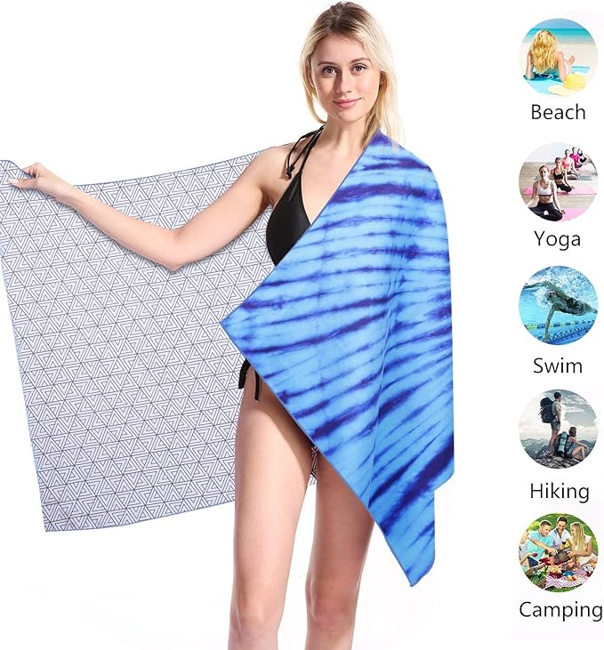 Microfiber Pool Sandproof Beach Towel Blanket - Quick Fast Dry Sand Free Proof Compact Outdoor Camping Travel Swim Micro Fiber Thin Yoga Mat Personalized Gift for Women Man Adult Blue Tie Dye