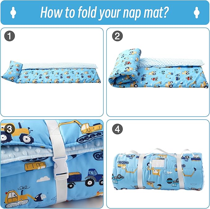 Bunnikins & Clover Toddler Nap Mat with Removable Pillow, Nap Mats for Preschool, Easy Clean Toddler Nap Pad for Kindergarten, Kids Sleeping Bag for Travel Camping