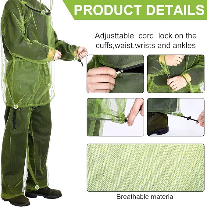 3 Sets Mosquito Net Suit Net Bug Pants Jacket Hood Pants Mesh Insect Proof Body Clothing for Fishing Hiking Camping(S/m)