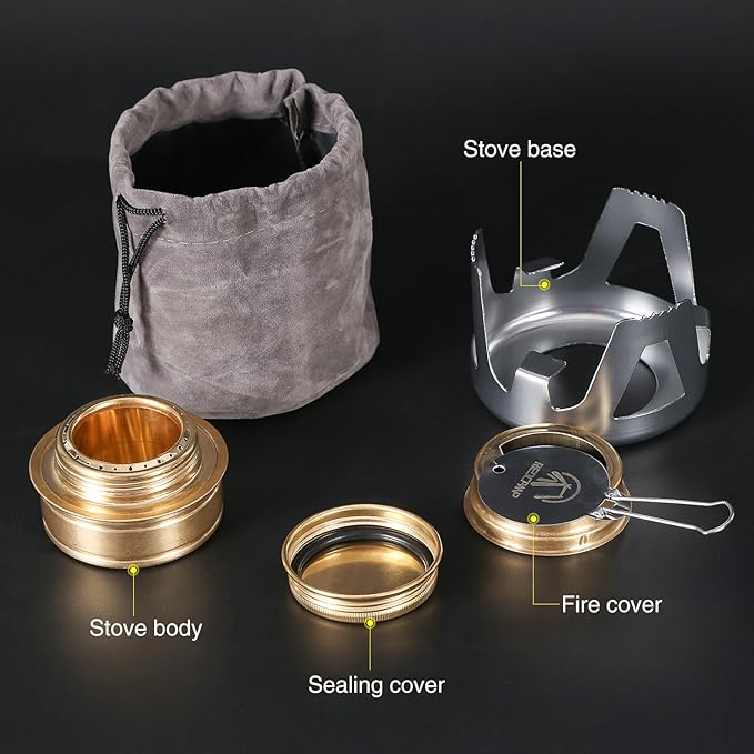 REDCAMP Mini Alcohol Stove for Backpacking, Lightweight Brass Spirit Burner with Aluminium Stand for Camping Hiking, Silver