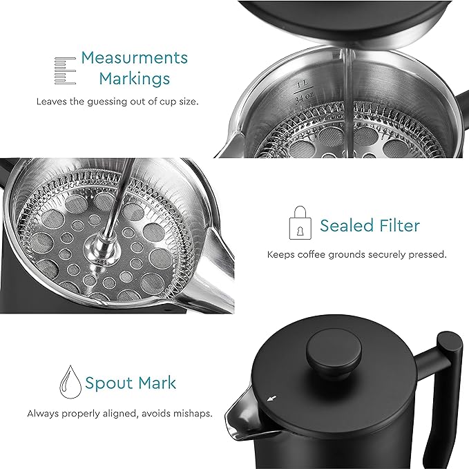 French Press Coffee Maker 34 Oz - Insulated Coffee Press Stainless Steel 304 - Double Wall & 4 Level Filtration System (1 Liter) - Black