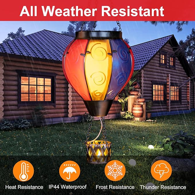 Hot Air Balloon Solar Lantern with Candle Holder Solar Hot Air Balloon Flickering Flame Hanging Garden Light Waterproof Glass Hot Air Balloon Solar Lamp Decorative for Lawn Porch Tree Yard