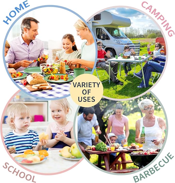 Wheat Straw Dinnerware Sets for 6, 31 Piece Unbreakable Outdoor Cutlery Set. Reusable plates and cups set for camping, picnics, RV trips, and party grills. (Green)
