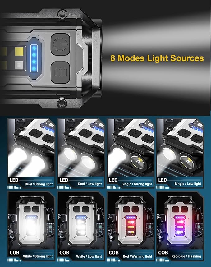 Clip on Flashlight Rechargeable Mini EDC Keychain Flashlight, Compact Pocket COB Light for Night Working, Running, Walking, Camping, Fishing, Hiking, Dog, USB C Charging Warning Flash Light