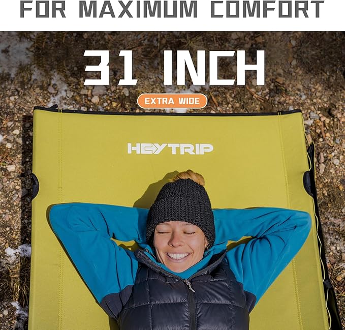 HEYTRIP Extra-Wide Camping Cot, Upgrade Sturdy Camping Bed, XXL Cots for Sleeping Support 500lb, Folding Cot with Side Pocket, Carry Bag Ultralight Backpacking Cot for Travel(Green)