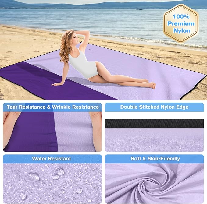 Beach Blanket Waterproof Sandproof Large Beach Mat 79" X 87", Quick Drying Durable Portable Lightweight Outdoor Nylon Picnic Blanket for Travel Camping Hiking, Purple