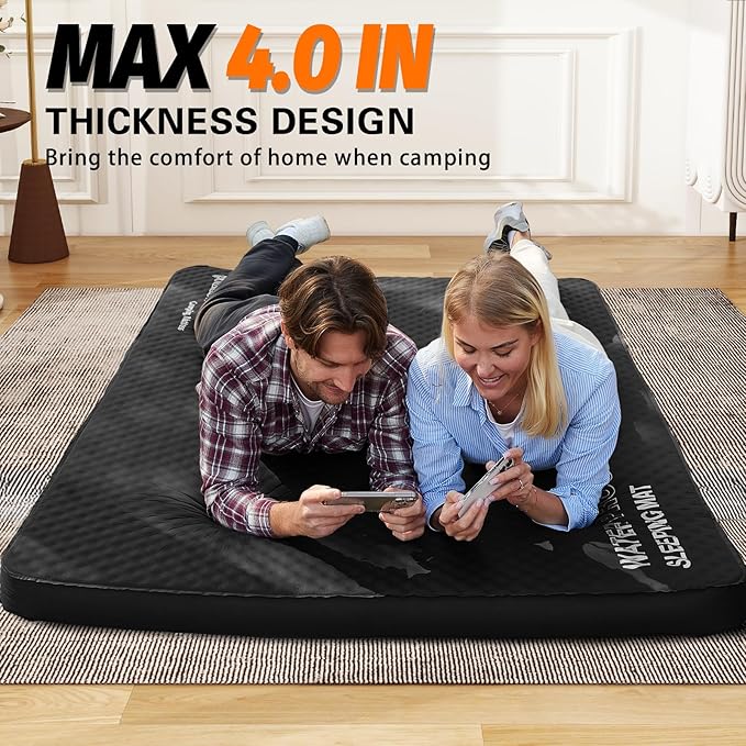 CYMULA Self Inflating Double Sleeping Pad, 4in Ultra-Thick Foam Camping Mattress 2 Person with Air Pump Sack,Camping Beds for Adults Inflatable Sleeping Mat Camping Essentials for Travel, Tent, Black