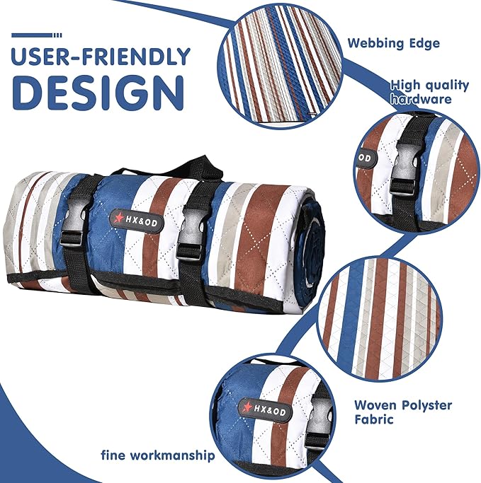 HX&OD Picnic Mat; Picnic Blanket; Waterproof Picnic Mat.(Dark Blue & Brown, 80”x 80”)