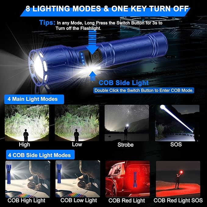 Rechargeable Magnetic Flashlights 100,000 High Lumens, Super Bright LED Powerful Flashlight 8 Modes with COB Work Light, Waterproof Handheld Flash Light for Camping (2 Pack with Paper Box, Blue)