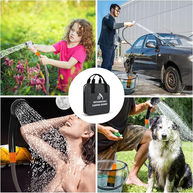 Portable Shower for Camping, Rechargeable Portable Camping Shower, Camp Shower with Double Portable Shower Head and 2 Flow Mode, Camping Shower for Hiking Beach Swimming Outdoor
