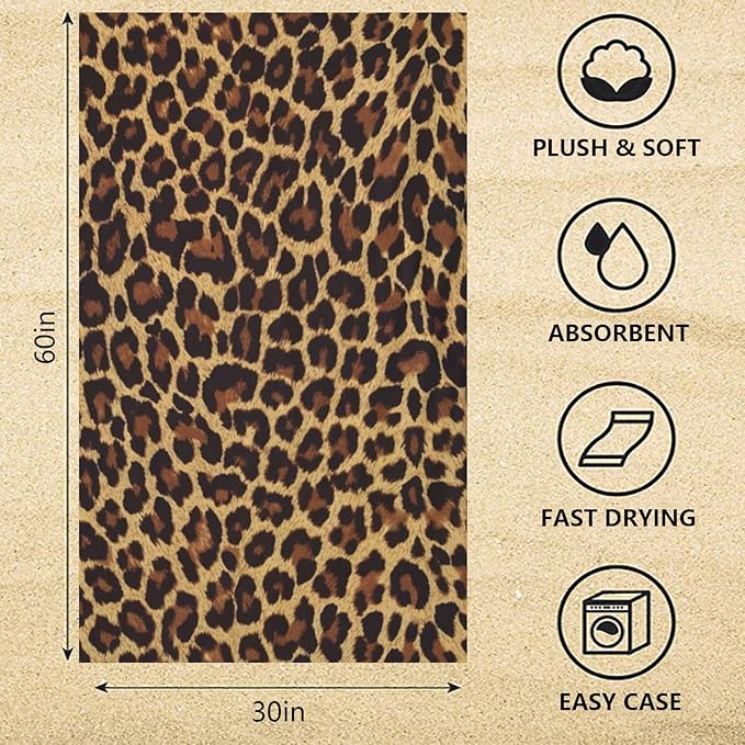 Leopard Beach Towel, Quick Dry Cheetah Print Absorbent Bath Towel, Women Thin Lightweight Towel Blanket, Multipurpose Girl Pool Bath Towel for Travel Yoga Swim Spa - 30 x 60 in
