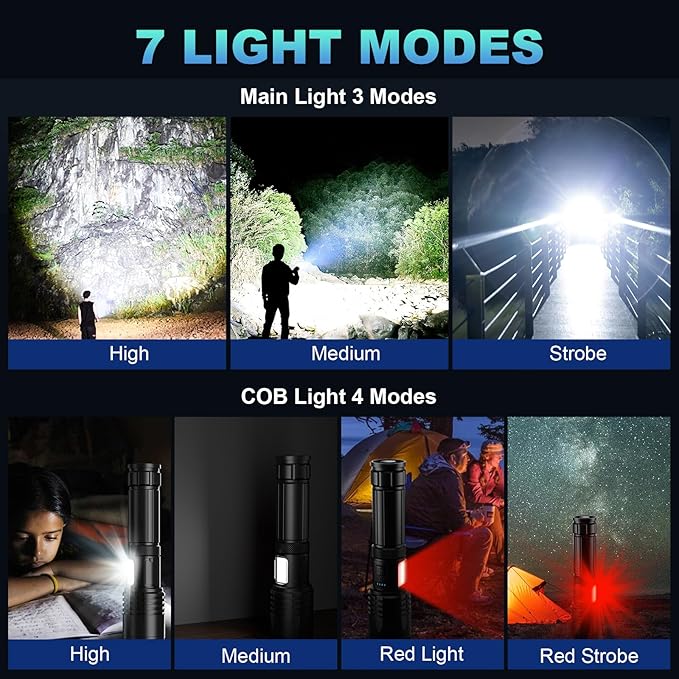 Rechargeable LED Flashlights High Lumens,990,000 Lumens Super Bright Flashlight,High Powerful Flash Light 7 Modes with COB Work Light,IPX7 Waterproof for Outdoor Emergency Camping Hiking