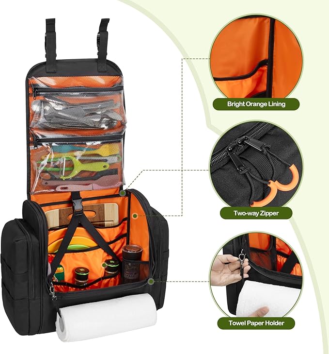 Large Tactical Camping Kitchen Organizer, Hanging Cookware Storage Bag with Paper Towel Holder & Multi Pockets, Portable Camp Utensil Organizer for Outdoor BBQ Cooking Essentials, Bag Only