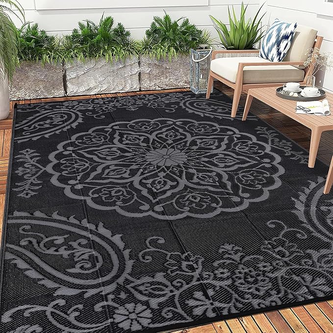 Pauwer Waterproof Outdoor Rug 6x9, Reversible Plastic Straw Patio Camping Rug, Indoor Outdoor RV Mat Carpet for Deck, Camper, Porch, Balcony, Backyard, Picnic, Boho Black Grey