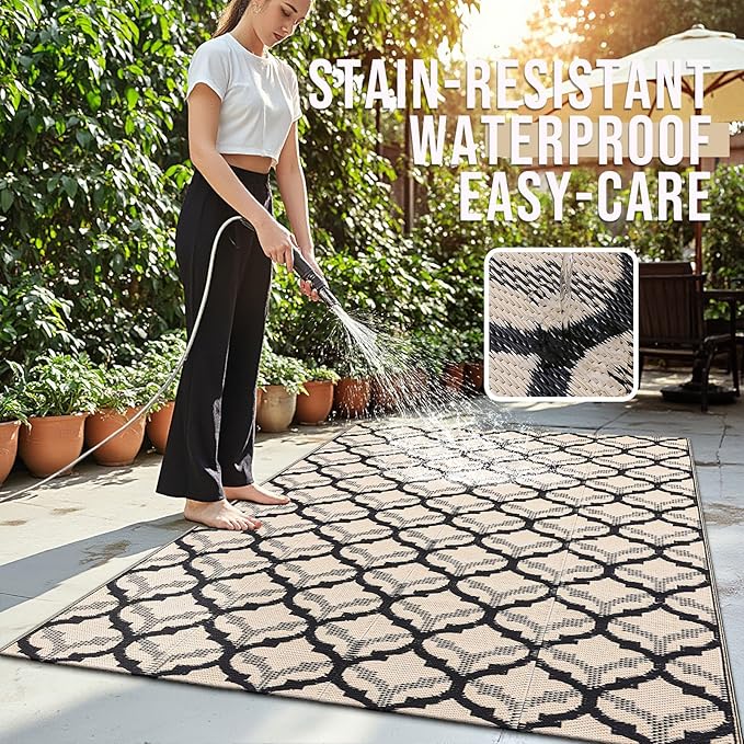 OLANLY Reversible Outdoor Rug 5x8 ft Clearance, Waterproof Outdoor Plastic Straw Rug with Interlacing Pattern, RV Mat for Patio, Camping, Balcony, Deck, Backyard, Black & Beige