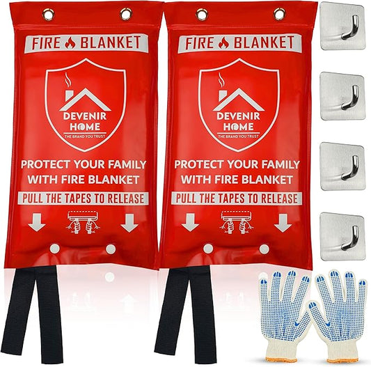 Extra Large Fire Blanket - 48”x 48” Pack of 2 Blankets with 4 Hooks and 2 Gloves, Fire Blankets Emergency for Home, Car, Kitchen, Warehouse, Outdoor, and Camping Safety.