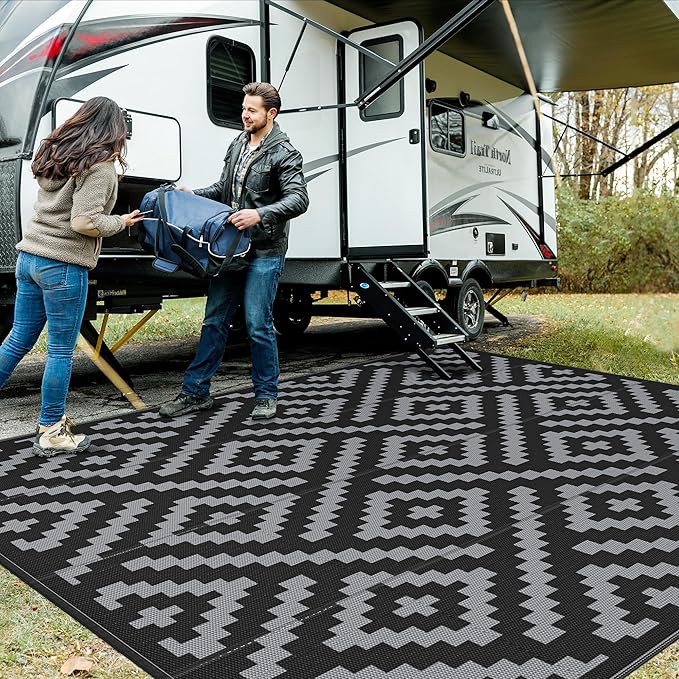 GENIMO Outdoor Rug Waterproof, 10' x 10' Reversible Plastic Straw Rug, Lightweight Large RV Camping Mat for Patio, Deck, Camper, Balcony, Backyard, Picnic, Black & Gray