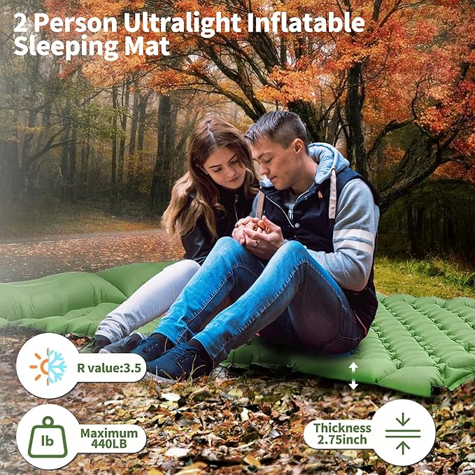 Double Sleeping Pad for Camping, 2 Person Ultralight Inflatable Sleeping Mat with Pillow and Built-in Foot Pump, Portable Camping Mattress for Tent, Backpacking, Hiking, Traveling