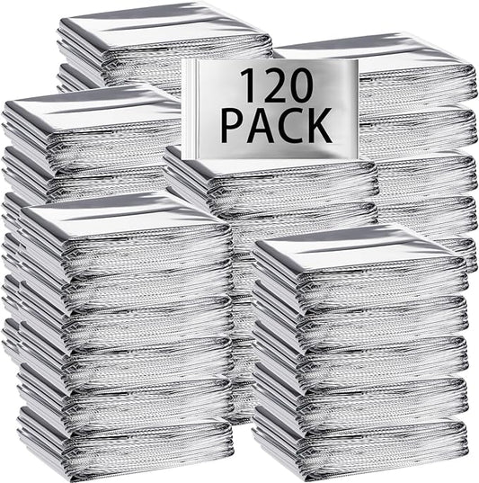120 Pack Emergency Foil Thermal Blankets Silver Foil Survival Blanket Space Blanket Survival Kit for Outdoors, Camping, Hiking, Homeless, Survival or First Aid, Silver