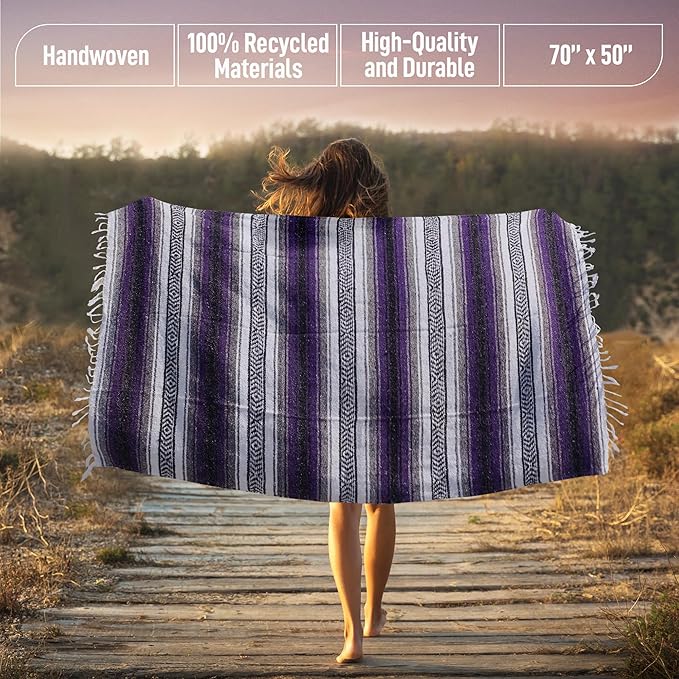 Authentic Extra Large Mexican Blanket (70"x50") - Handwoven Yoga Blanket, Serape Blanket - Artisanal Falsa Blanket, Beach Blanket, Camping Blanket, Picnic Blanket, Outdoor Blanket (Purple)