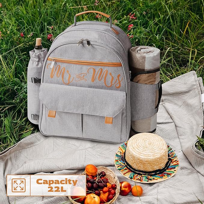 Couple Gifts 22L Picnic Basket Set, Grey Insulated Picnic Backpack for 2, Leak Proof Cooler Camping Gifts, Cool Bridal Shower Gifts Anniversary Engagement Wedding Gifts for Couples, Mr and Mrs Gifts