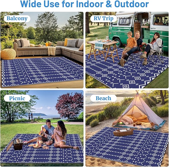 StepRite 5’ x 8’ Reversible Outdoor Rug, Waterproof Plastic Straw Rug, Patio Rug, Large Modern Area Rug Carpet, Indoor Outdoor Rugs for Camping, Porch, Deck, Balcony, Backyard, RV, Picnic(Blue)