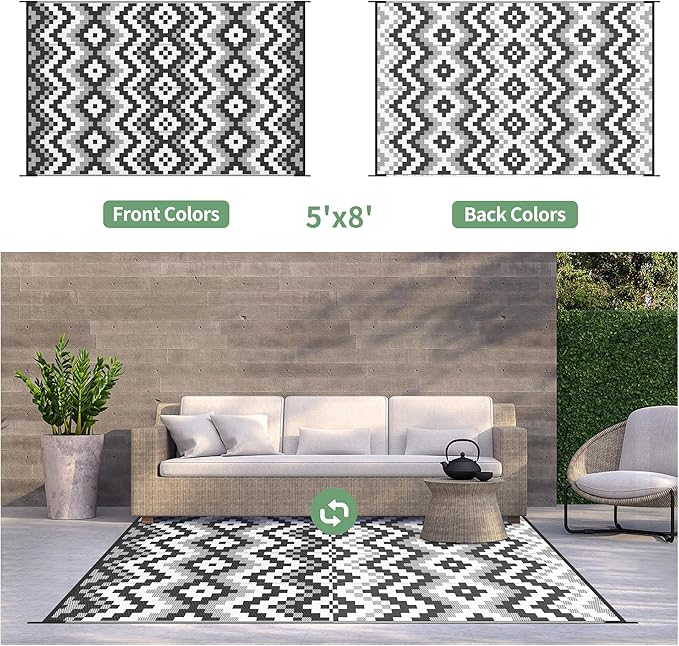 GENIMO Outdoor Rug Waterproof 5x8 ft, Lightweight Plastic Straw Rugs, Outside Reversible Area Mat Carpet for Patio, Camping, RV, Deck, Balcony, Porch, Backyard, Black & White