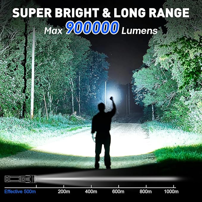 Rechargeable LED Flashlights High Lumens, 900000 Lumens Super Bright Flashlight with 5 Modes IPX6 Waterproof, Powerful Handheld Flashlight for Camping Emergencies Hiking