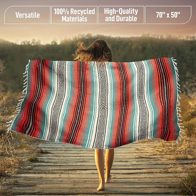 Authentic Large Handwoven Mexican Blanket - Soft Yoga Blanket - Durable Serape Blanket - Lightweight Falsa Blanket, Beach Blanket, Camping Blanket, Picnic Blanket, Outdoor Blanket 70"x50" - Mandarin