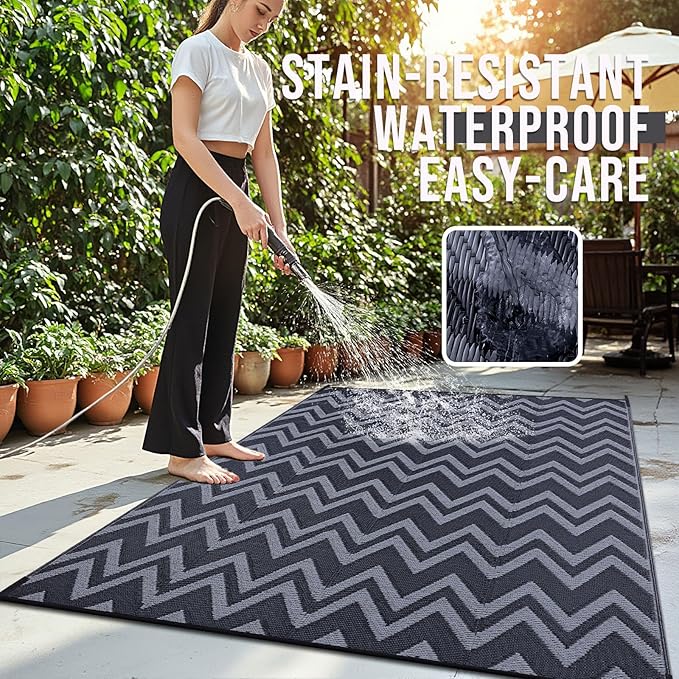 OLANLY Waterproof Outdoor Rug 9x12 ft Clearance, Reversible Outdoor Plastic Straw Rug, RV Mat, Indoor Outdoor Carpet for Patio, Camping, Balcony, Deck, Backyard, Black & Grey