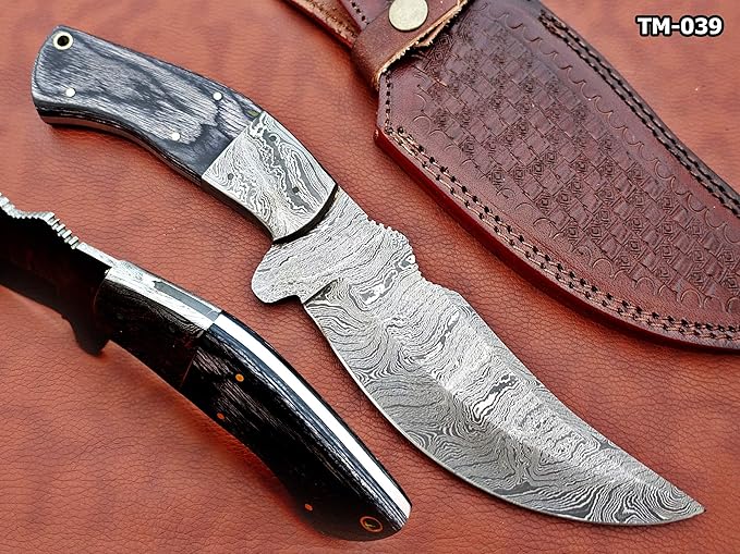 11.5" Long Hand Forged Damascus Steel Trailing Point Full Tang Blade Skinning Knife, 2 Tone Black Dollar Wood Scale with Damascus Bolster, Cow Hide Leather Sheath Included